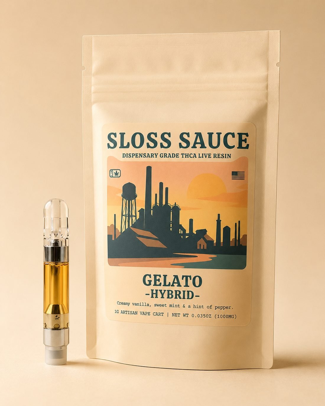 Sloss Sauce Gelato live resin THCA cart with its cream day-shift bag