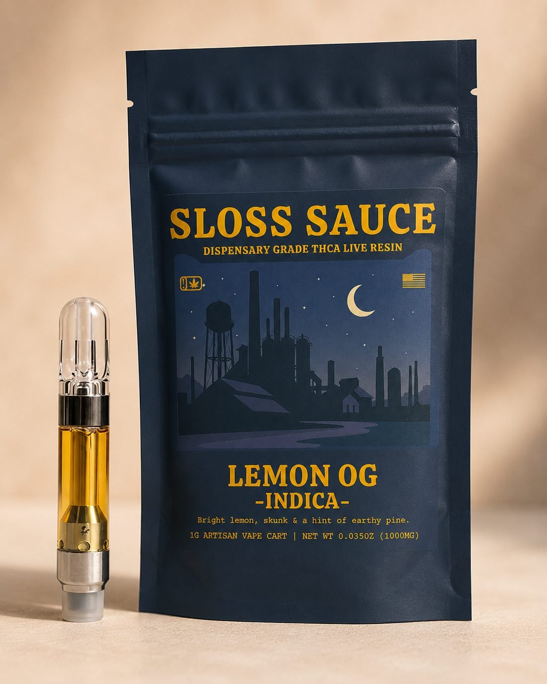 Sloss Sauce Lemon OG live resin THCA cart with its navy night-shift bag