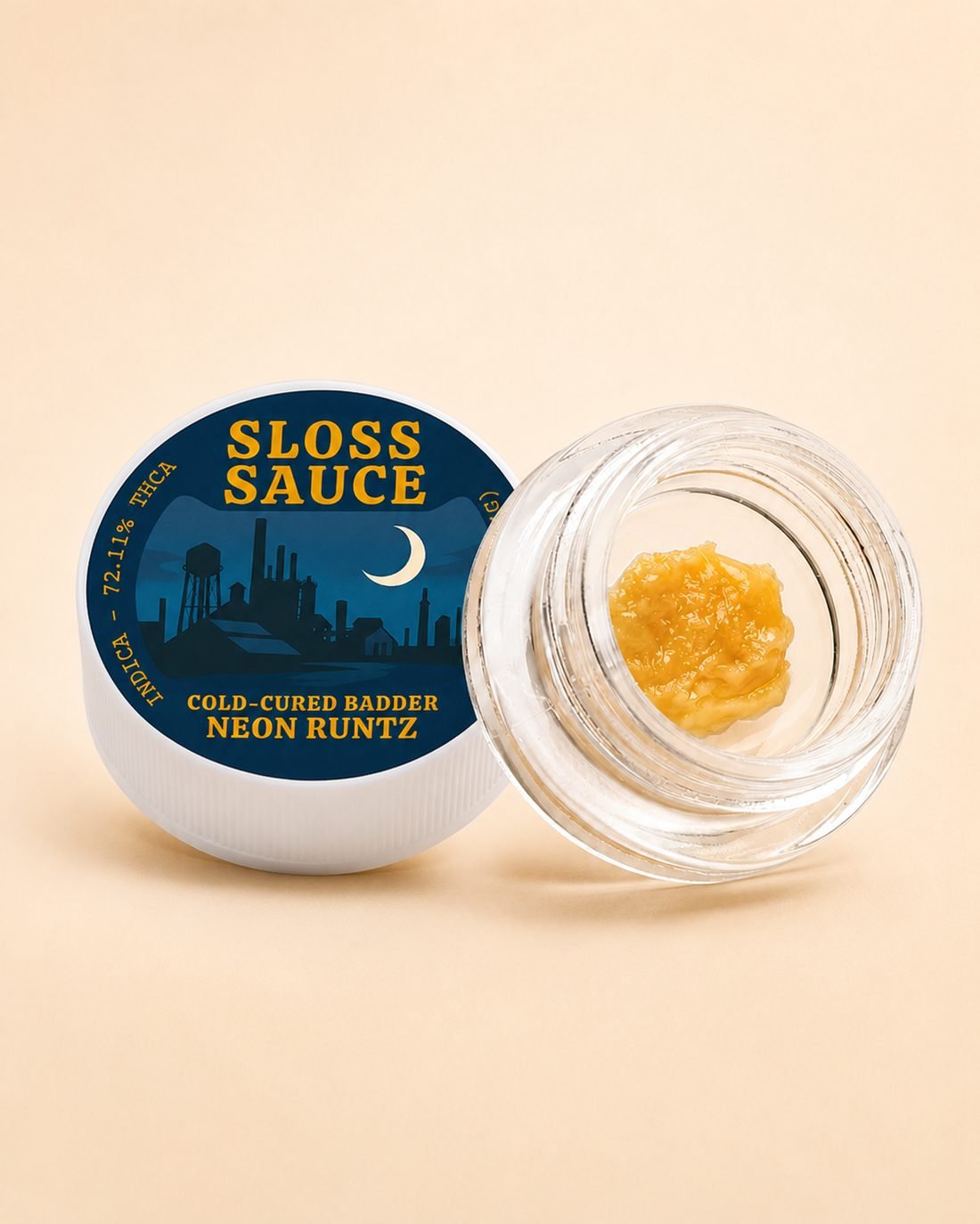 Sloss Sauce Neon Runtz cold cured THCA badder jar with night-shift lid label