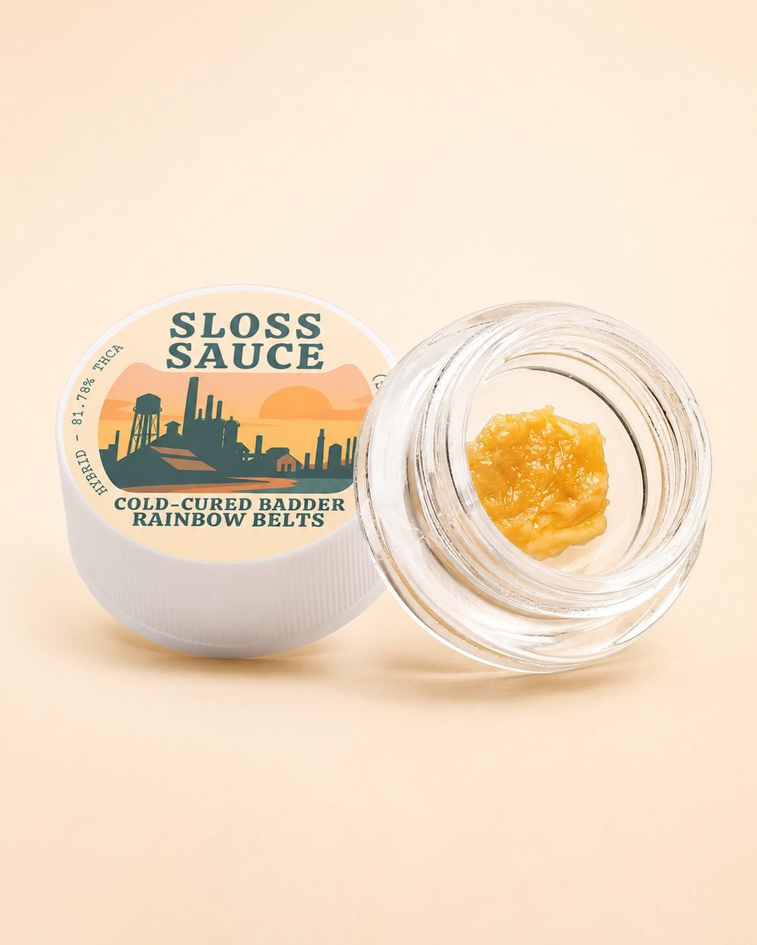 Sloss Sauce Rainbow Belts cold cured THCA badder jar with day-shift lid label
