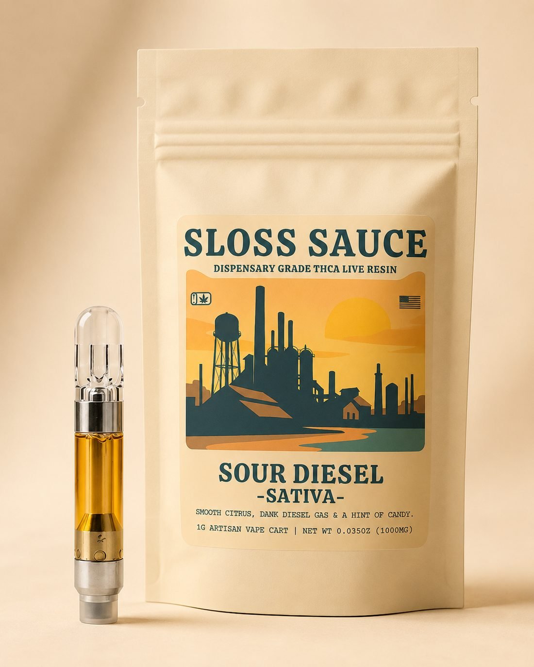 Sloss Sauce Sour Diesel live resin THCA cart with its cream day-shift bag