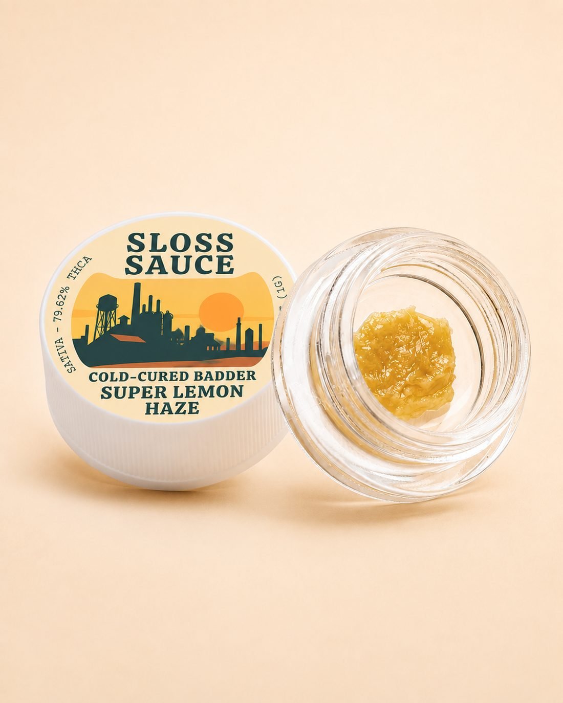 Sloss Sauce Super Lemon Haze cold cured THCA badder jar with day-shift lid label